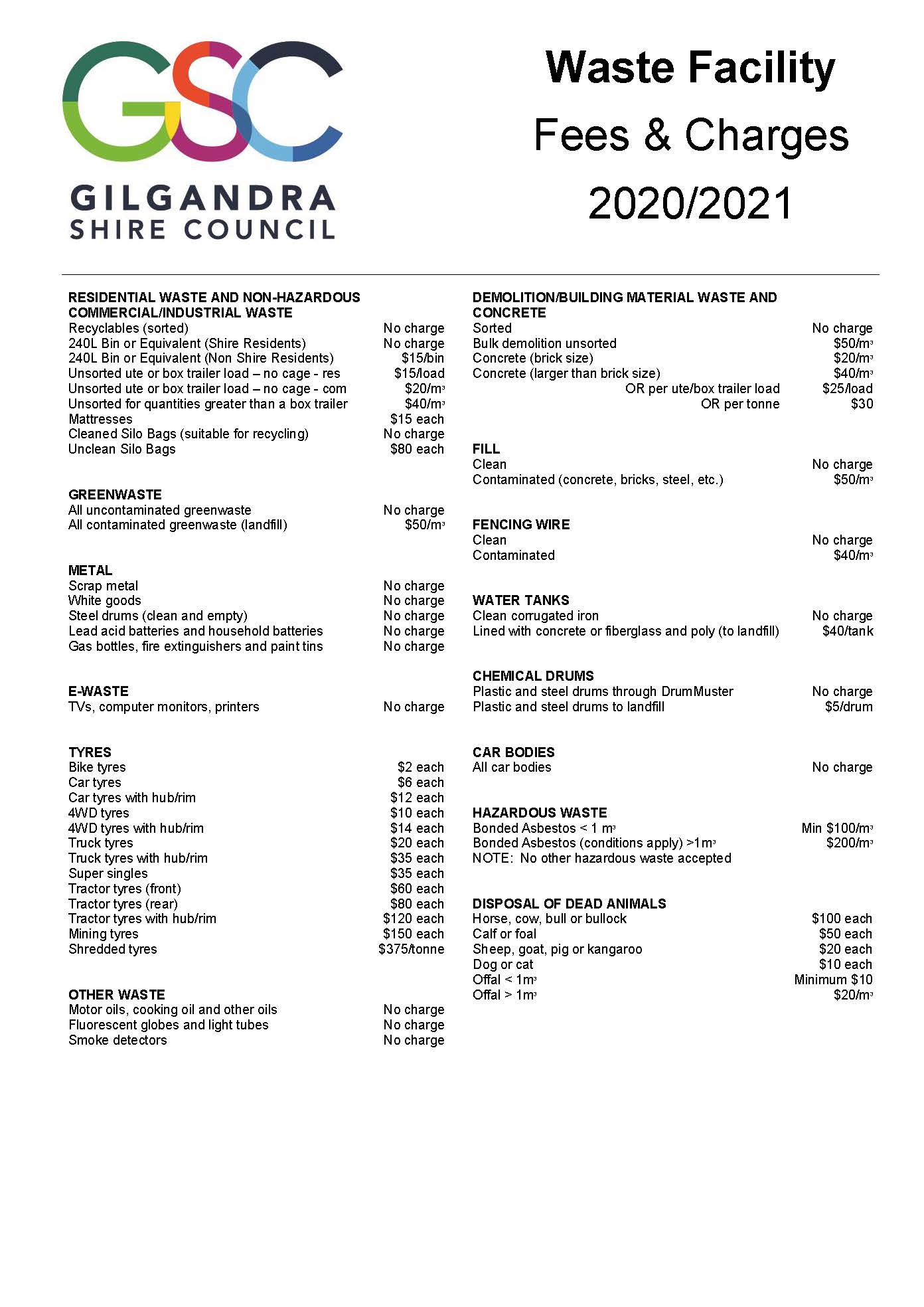 Waste Facility Fees And Charges Gilgandra Shire Council